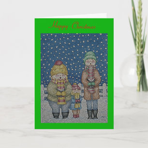 sneeuwscène met een grappige carol zanger op kerst feestdagen kaart