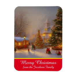 Sneeuwscène met kerstbomen in het dorp Quaint Magneet