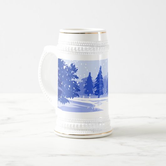 sneeuwscène met kerstcadeau met rode kardinalen bierpul (Voorkant links)