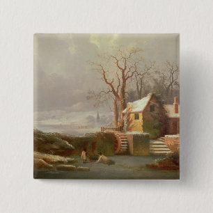 Sneeuwscène met Mill en Cottages Vierkante Button 5,1 Cm