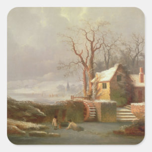 Sneeuwscène met molen en huisjes vierkante sticker