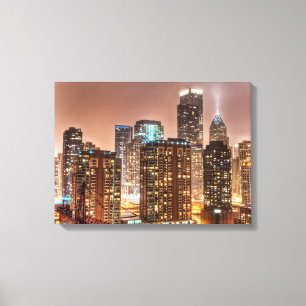 Sneeuwt herfsten over skyline in Chicago 's avonds Canvas Afdruk