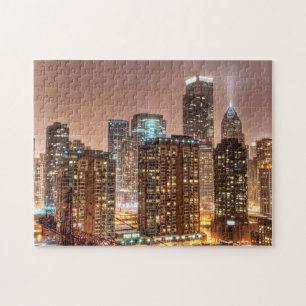 Sneeuwt herfsten over skyline in Chicago 's avonds Legpuzzel