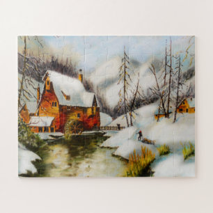 Sneeuwtafereel met waterrad legpuzzel