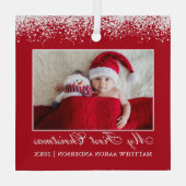 Sneeuwtop Mijn eerste kerstfoto Rood Glas Ornament (Achterkant)