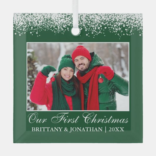 Sneeuwtop Ons eerste kerstpaar Foto groen Glas Ornament (Voorkant)