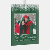 Sneeuwtop Ons eerste kerstpaar Foto groen Glas Ornament (Voorkant Rechts)