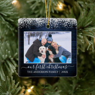 Sneeuwtopblauw Eerste Kerstfamilie Foto Keramisch Ornament