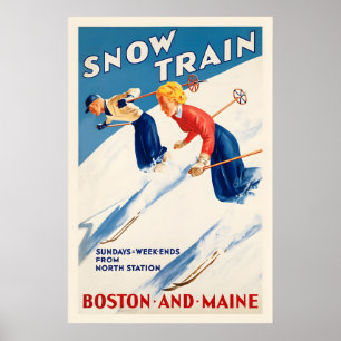 Sneeuwtreinen Skisport Boston en Maine Vintage Ski Poster