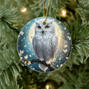 Sneeuwuil en maan met fonkeling, keramisch ornament