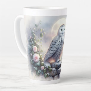 Sneeuwuil in maanverlichte wintertuin latte mok
