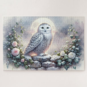 Sneeuwuil in maanverlichte wintertuin legpuzzel