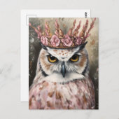 Sneeuwuil met een kroon en roze bloemen briefkaart (Voorkant / Achterkant)