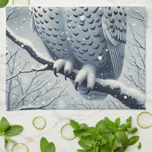 Sneeuwuil neergestreken op Snowy Branch Theedoek (Gevouwen)