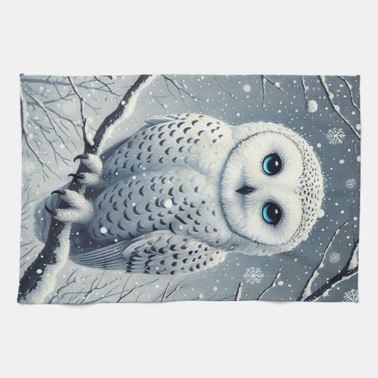 Sneeuwuil neergestreken op Snowy Branch Theedoek (Horizontaal)