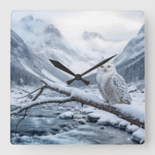 Sneeuwuil Op Een Winter Tak Vierkante Klok