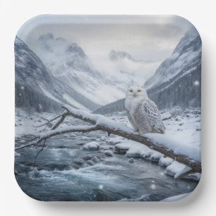 Sneeuwuil op een wintertak papieren bordje