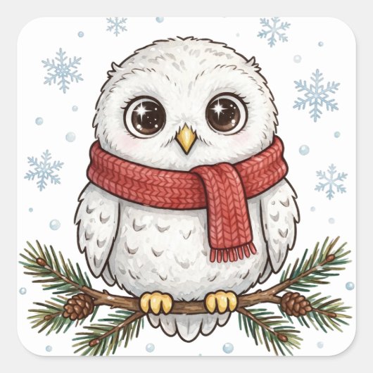 Sneeuwuil Rode Sjaal Winter Sticker (Voorkant)