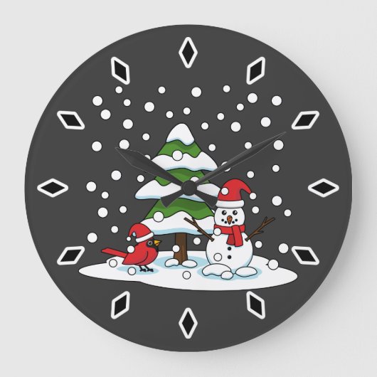 Sneeuwval op kardinaal-, neushoorn- en pijnbomen grote klok (Voorkant)