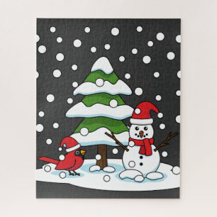 Sneeuwval op kardinaal-, neushoorn- en pijnbomen legpuzzel