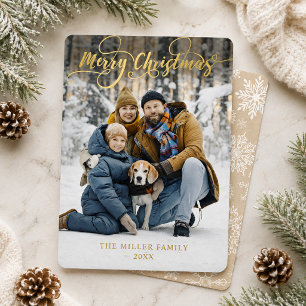 Sneeuwvlok Foto Familie Prettig Kerstfeest Gouden Folie Feestdagenkaart