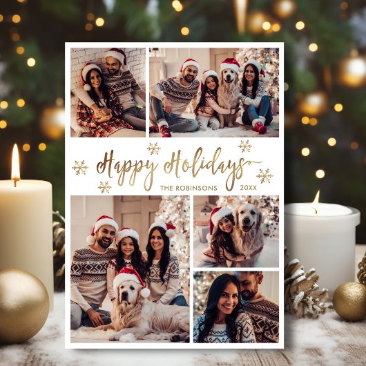 Sneeuwvlok Goud en Wit 5 Foto Collage Kerstmis Feestdagenkaart