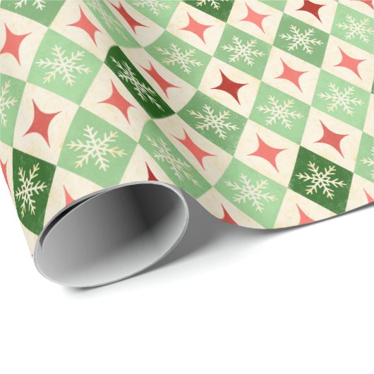 Sneeuwvlok Harlequin MCM groen & rood Cadeaupapier (Rol Hoek)