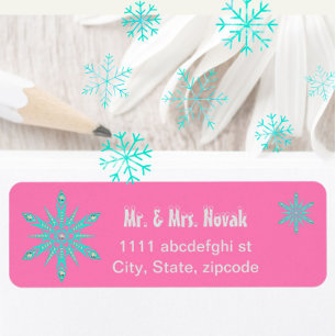 Sneeuwvlok midden eeuw turquoise roze etiket