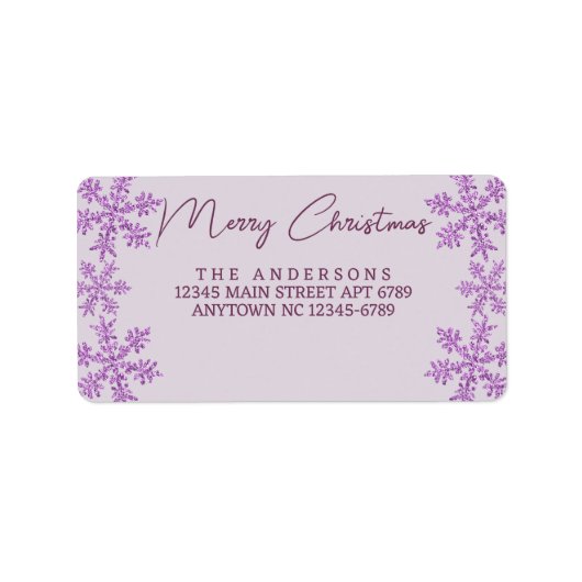 Sneeuwvlok Paarse Glam Modern Script Kerstmis Etiket (Voorkant)