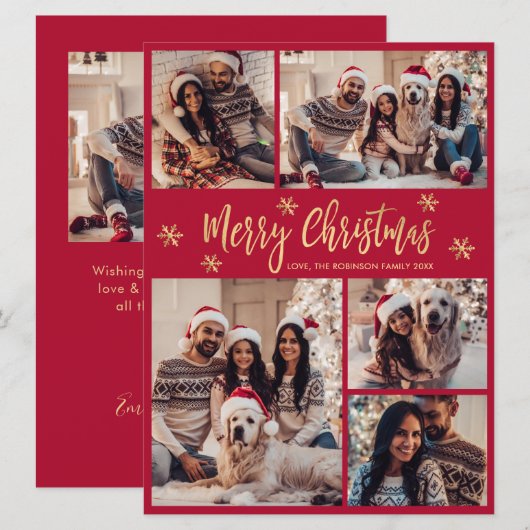 Sneeuwvlok Rood en Goud 5 Fotocollage Kerstmis Feestdagenkaart (Voorkant / Achterkant)