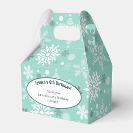 Sneeuwvlok-thema 6e verjaardagsfeestje turquoise-b bedankdoosjes