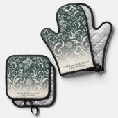 Sneeuwvlok wervelt op donkergroene aangepaste kers ovenwant & pannenlap set (Voorkant / Achterkant)