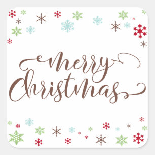 Sneeuwvlok Whimsy Vrolijk Kerstfeest, Bruine Typog Vierkante Sticker