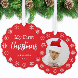 Sneeuwvlokjes Baby Foto Mijn Eerste Kerstmis Rood Ornament Kaart