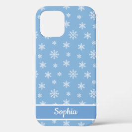 Sneeuwvlokken Babyblauw, gepersonaliseerde naam iPhone 12 Hoesje