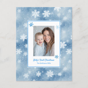 Sneeuwvlokken Blauwe Baby Boy Foto Eerste Kerstmis Feestdagenkaart