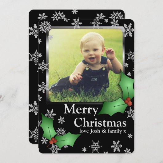 Sneeuwvlokken en Holly op Black Custom Photo Feestdagenkaart (Voorkant / Achterkant)