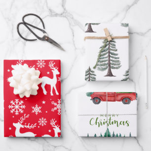Sneeuwvlokken en rendieren Kerstgroene boom Inpakpapier Vel