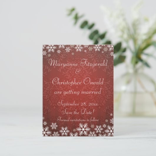 Sneeuwvlokken en Rode Damast Bewaar de Datum Kaart (Staand voorkant)