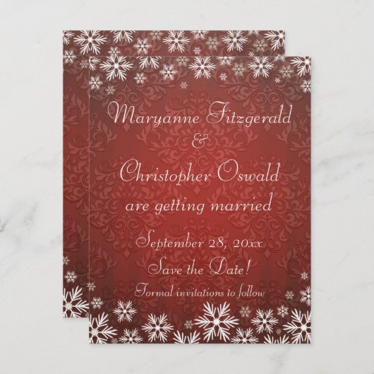 Sneeuwvlokken en Rode Damast Bewaar de Datum Kaart (Voorkant / Achterkant)