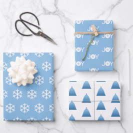 Sneeuwvlokken, joy en kerstboom blauw patroon inpakpapier vel