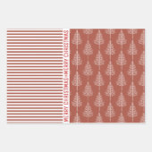 Sneeuwvlokken, kerstbomen terracotta strepen rood inpakpapier vel (Voorkant 3)