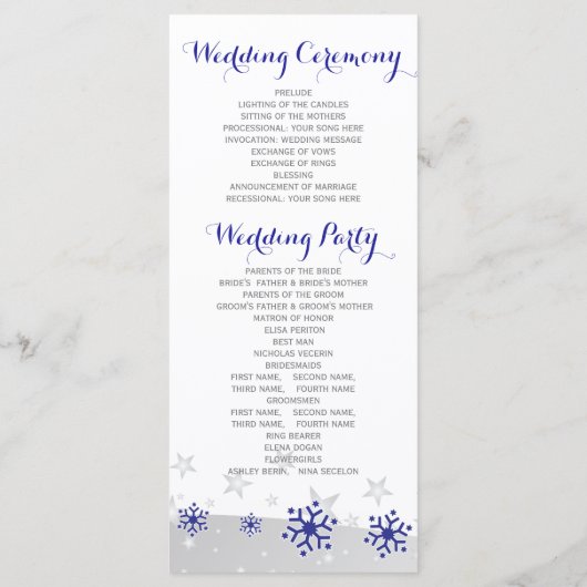 Sneeuwvlokken modern blauw grijs winter bruiloft p programma (Achterkant)