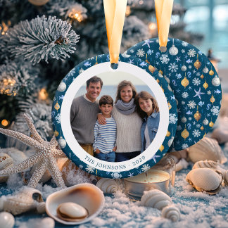 Sneeuwvlokken & Nautische Familie Kerstfoto Keramisch Ornament