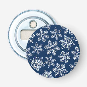 Sneeuwvlokken op donkerblauw button flesopener