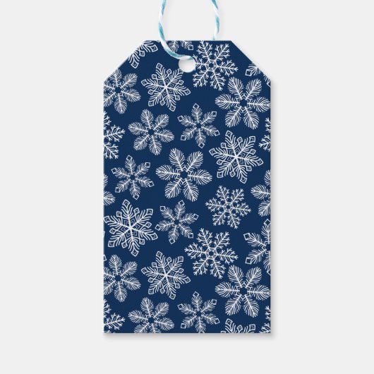 Sneeuwvlokken op donkerblauw cadeaulabel (Voorkant)