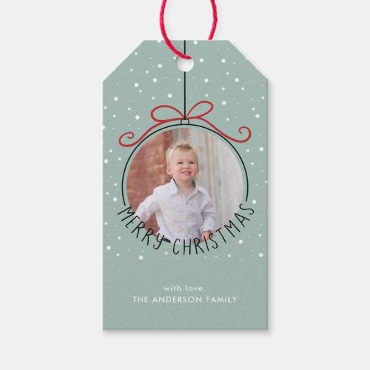 Sneeuwvlokken op pasteelgroen | Kerstfeest met fot Cadeaulabel (Voorkant)