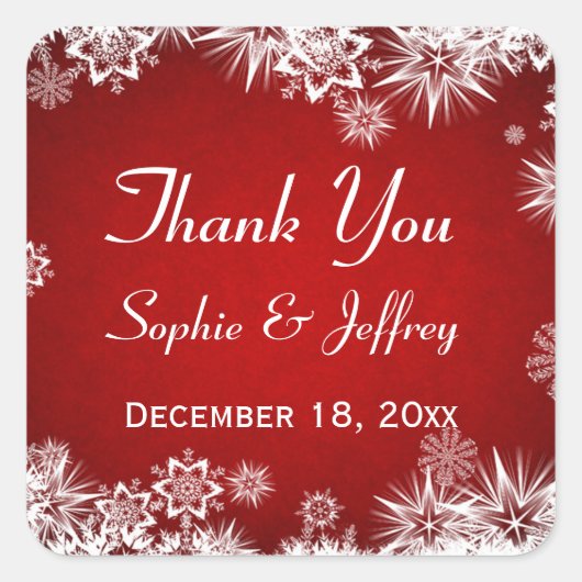 Sneeuwvlokken op rode bruiloft Dank u Vierkante Sticker (Voorkant)
