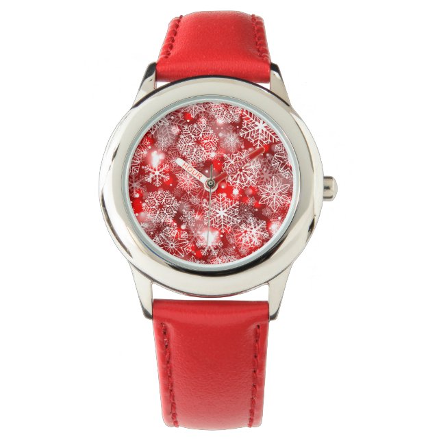 Sneeuwvlokken op rood horloge (Voorkant)