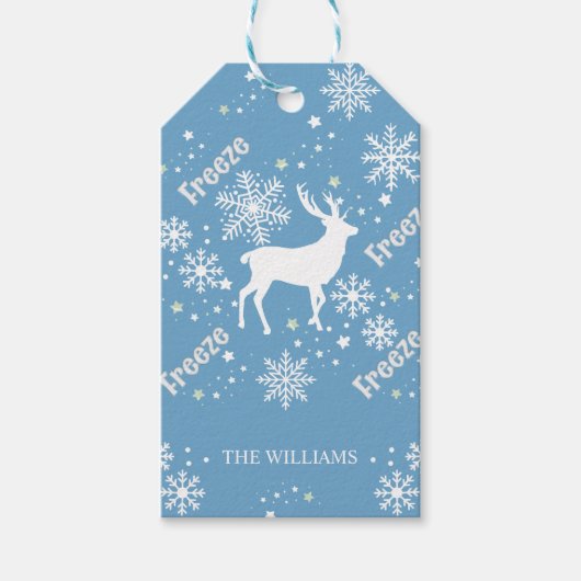 Sneeuwvlokken rendierblauw cadeaulabel (Voorkant)